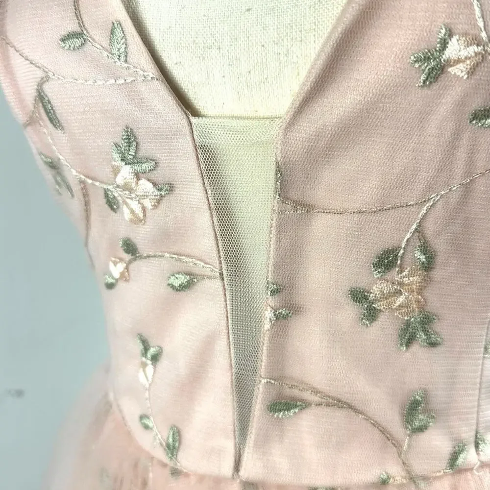 Maniju Embroidered Floral Gown Blush Pink sheer overlay